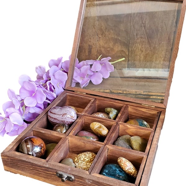 Coffret bohème en verre pin teinté naturel, verre, jolie boîte verrouillable, 6 ou 9 compartiments de rangement en cristal amovibles