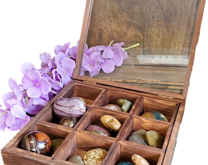 Bohemian Glass Top Box Natural Stained Pine Wood Glass Lockable Pretty Box 6 or 9 Removable Box Crystal Organizer Compartments