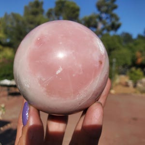 Peut inclure: Une grande sph&egrave;re polie en quartz rose, pr&eacute;sentant une teinte rose tendre avec de subtiles variations de couleur. La surface lisse refl&egrave;te la lumi&egrave;re, mettant en valeur les motifs naturels de la pierre. La sph&egrave;re est tenue devant un fond de feuillage vert et un ciel bleu clair.