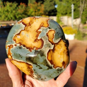 May include: A polished stone with a unique pattern of tan, brown, and blue-green colors. The stone has a smooth, rounded shape and appears to be a decorative item or a natural specimen. The colors and patterns resemble a map or landscape.