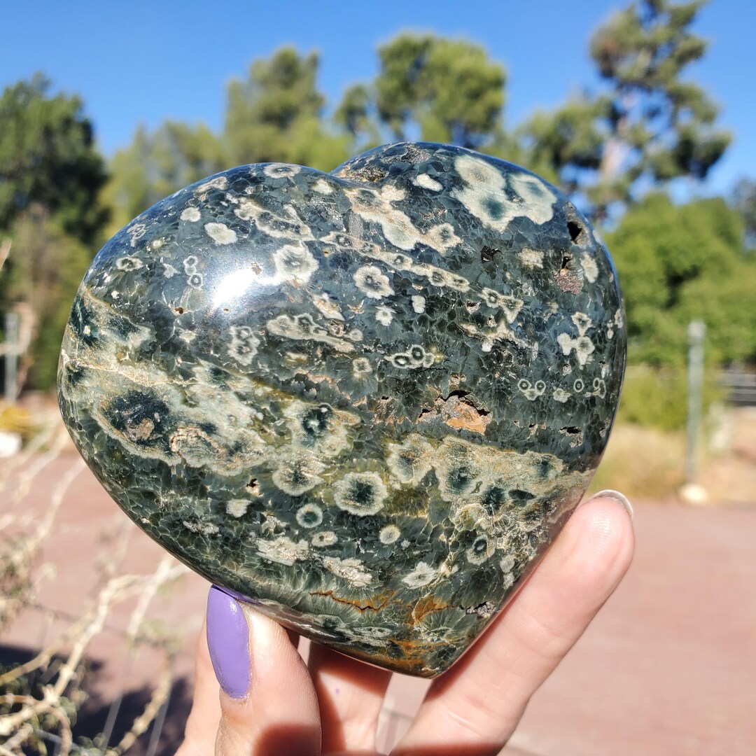 Ocean Jasper Old Stock Green Flower Heart Crystal Carving 346