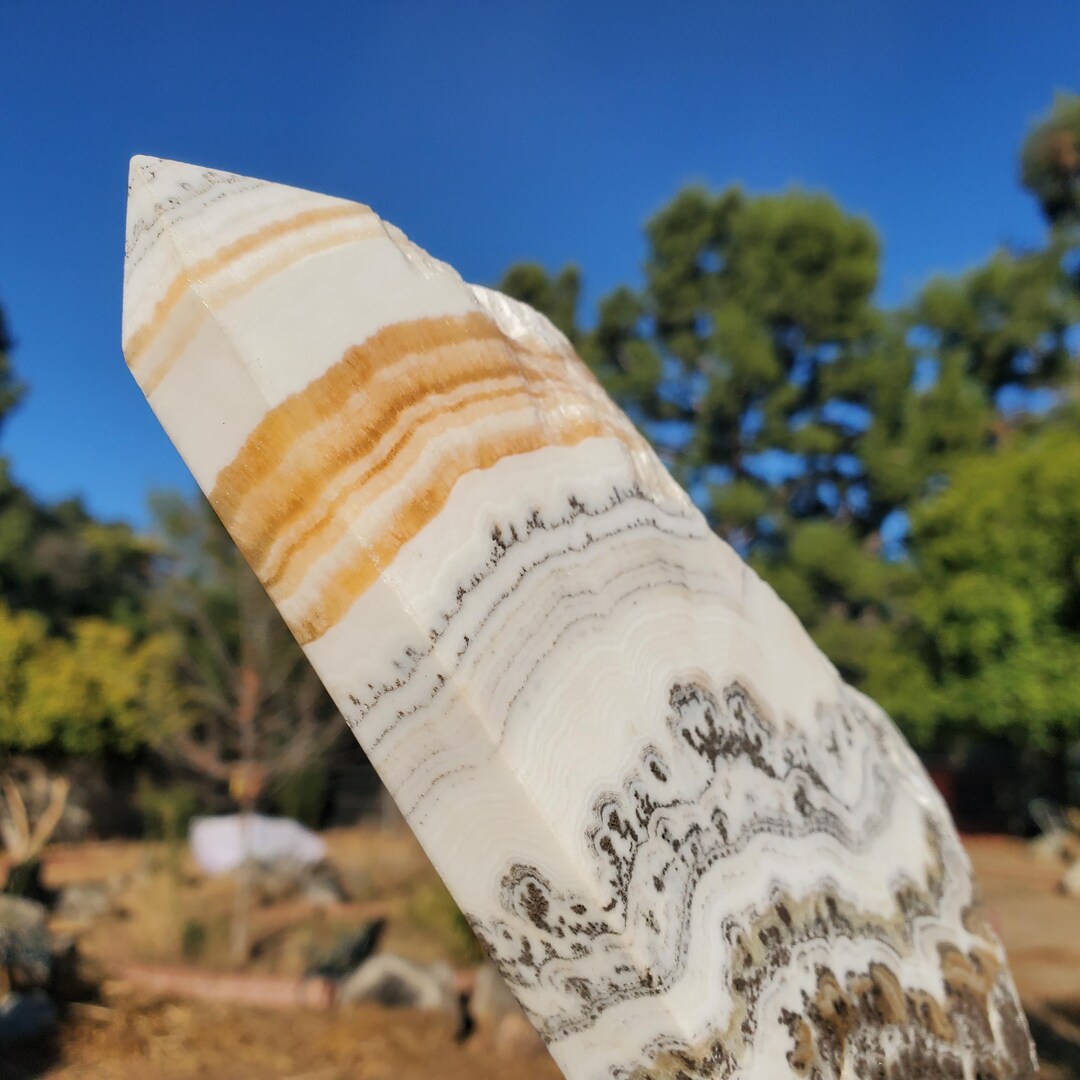 【ブラジル】デンドライト石板額　花草化石　DENDRITOS DO BRAZIL Mexican Dendrite Banded Zebra Orange Calcite Thin Tall Tower Point