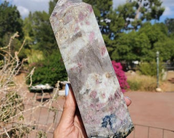 Torre di rubellite tormalina prugna con quarzo fumé 918 grammi