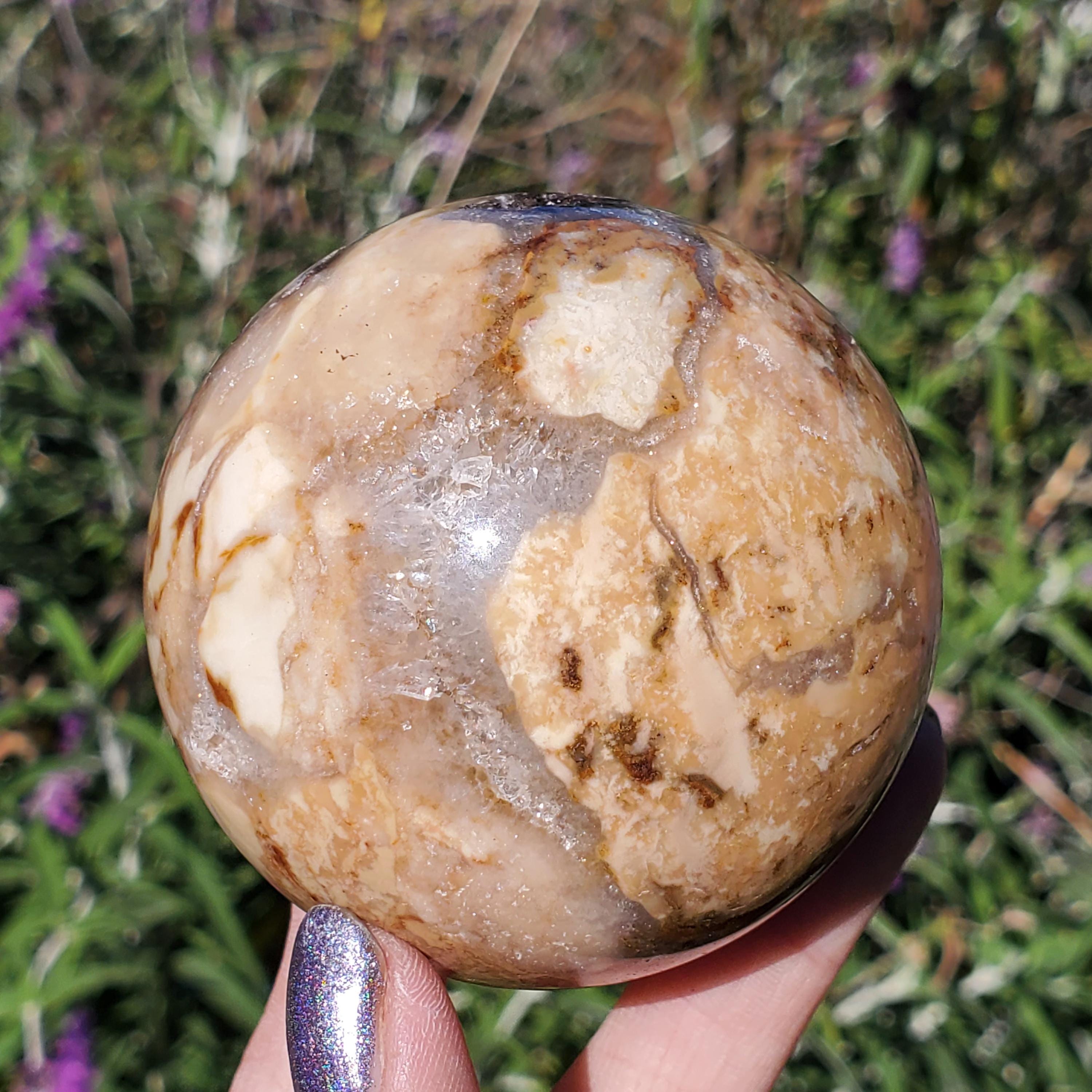 Pink Ocean Ibis Jasper Brecciated Sphere W/ Caves Druzy 364 Grams