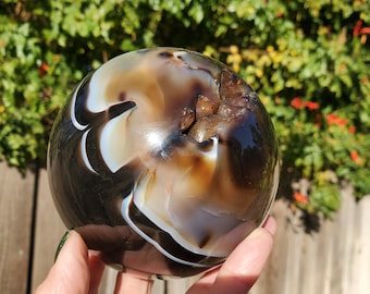 Druzy Black Agate Flower Sakura Sphere Ice Druzy  | A Grade |  1320 grams | 100mm | 2lbs 15oz