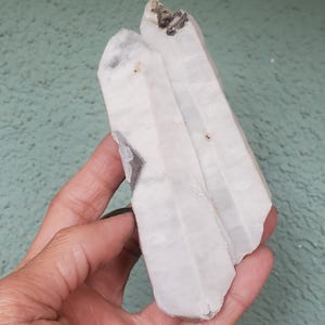 Pu&ograve; includere: Un gruppo di due cristalli di quarzo bianco dall'aspetto leggermente traslucido. I cristalli hanno una consistenza naturale e ruvida e sono tenuti in mano su uno sfondo verde chiaro. Alcune aree presentano inclusioni grigio scuro.