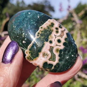 Kambaby PINK Orbicular Ocean Jasper Old Stock 8th Vein RARE Orbicular Freeform Palm Stone | 56 grams AA Grade