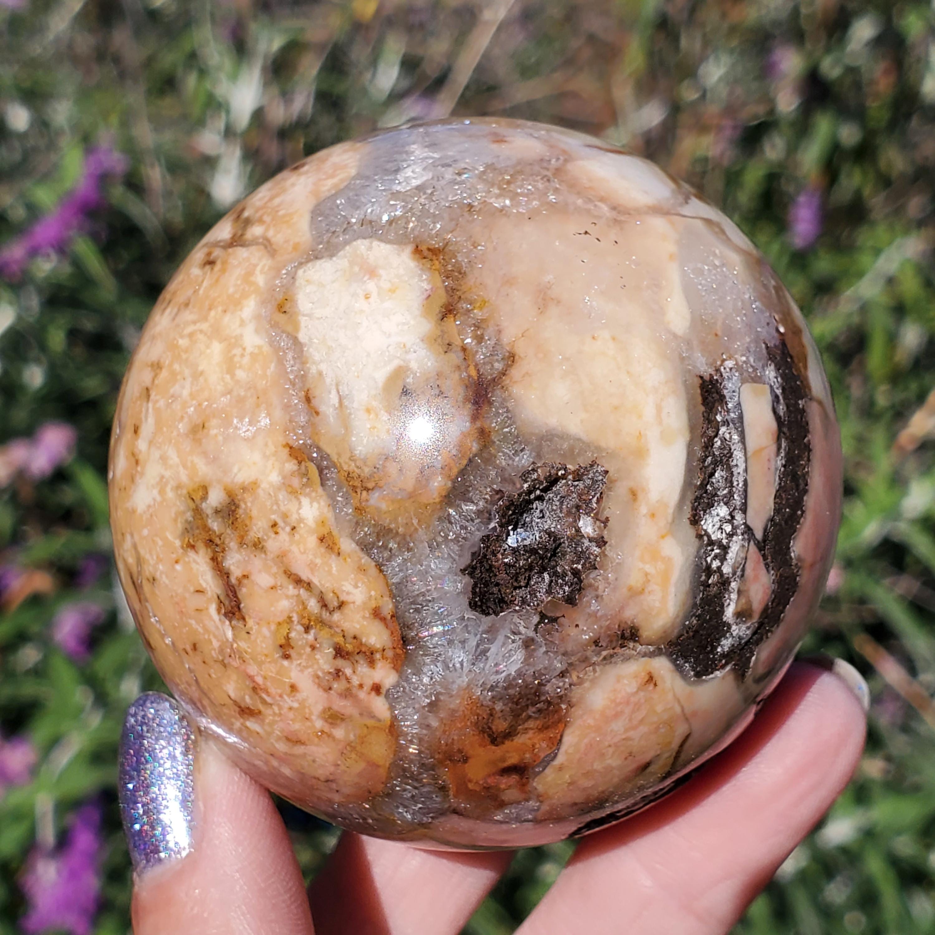 Pink Ocean Ibis Jasper Brecciated Sphere W/ Caves Druzy 364 Grams
