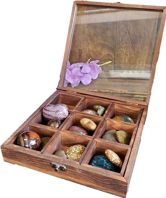Bohemian Stained Pine Wood Glass Top Crystal Storage Organizing Box with Removable Compartments