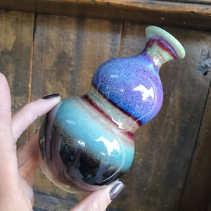 Pastel Red Blue Green Hand Thrown Ceramic Glazed Banded Flower Vase 382 grams