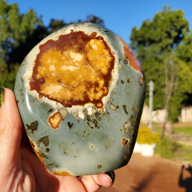 May include: A polished stone with a unique pattern. The stone features a central area of brown and gold hues, surrounded by a mottled mix of blue-green, brown, and cream colors. The stone's surface is smooth and rounded.