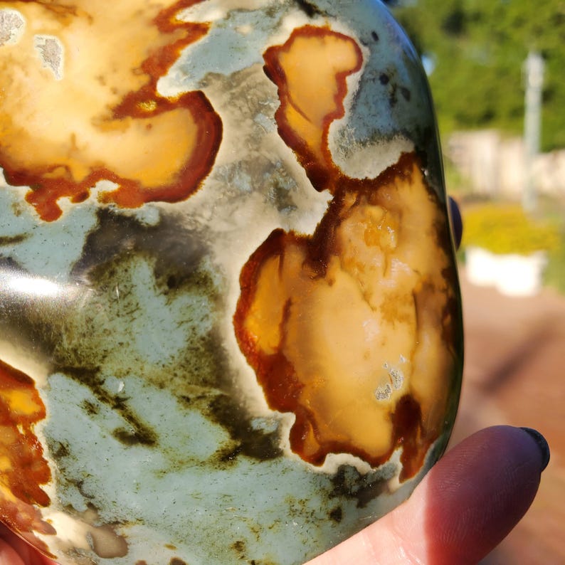 May include: A polished, rounded stone with a unique pattern of tan, brown, and blue-green colors. The stone's surface has a smooth, glossy finish, and the colors blend together in an abstract design. The stone is held in a hand.