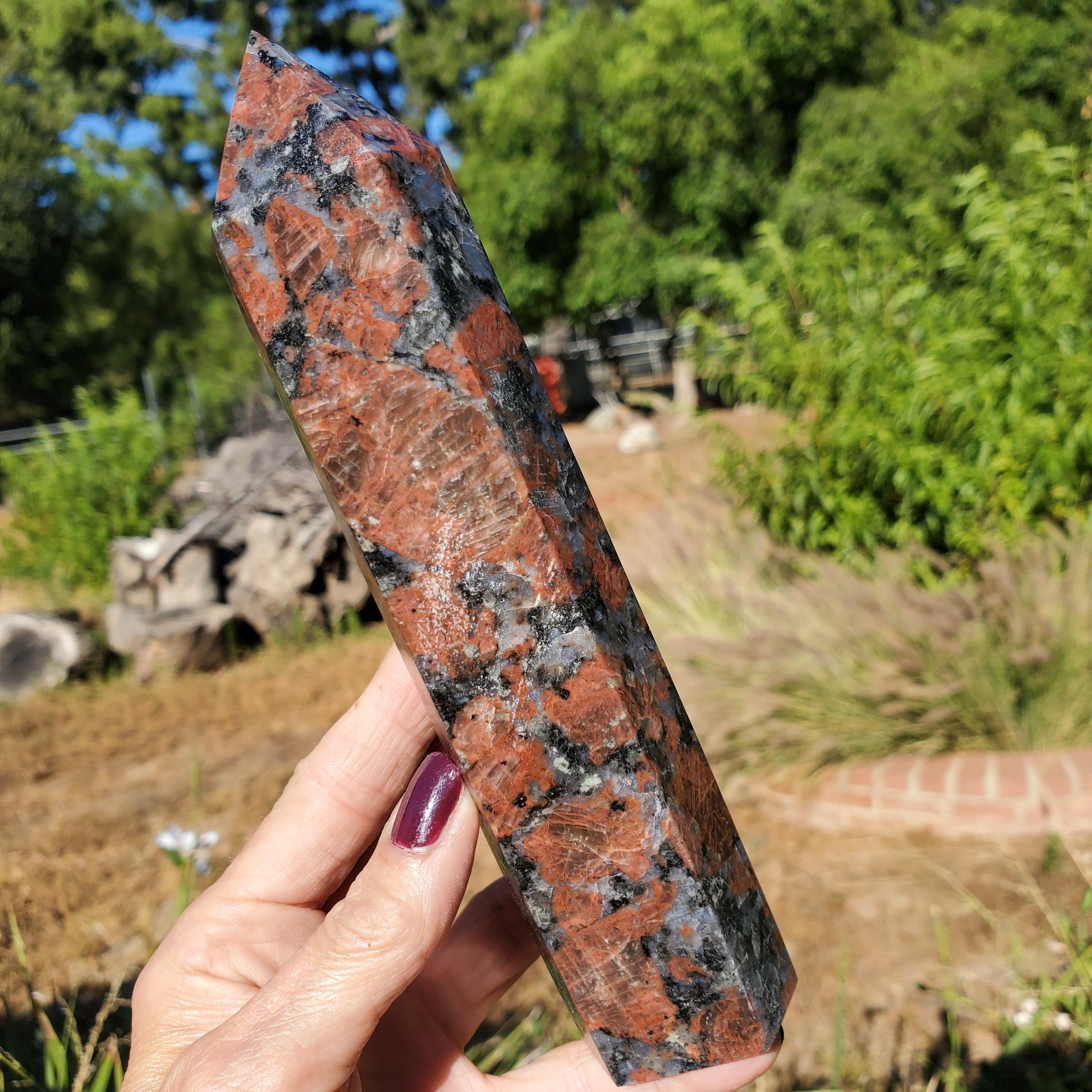 Red Larvikite Crystal Tower Norwegian Pearl Granite 450 Grams