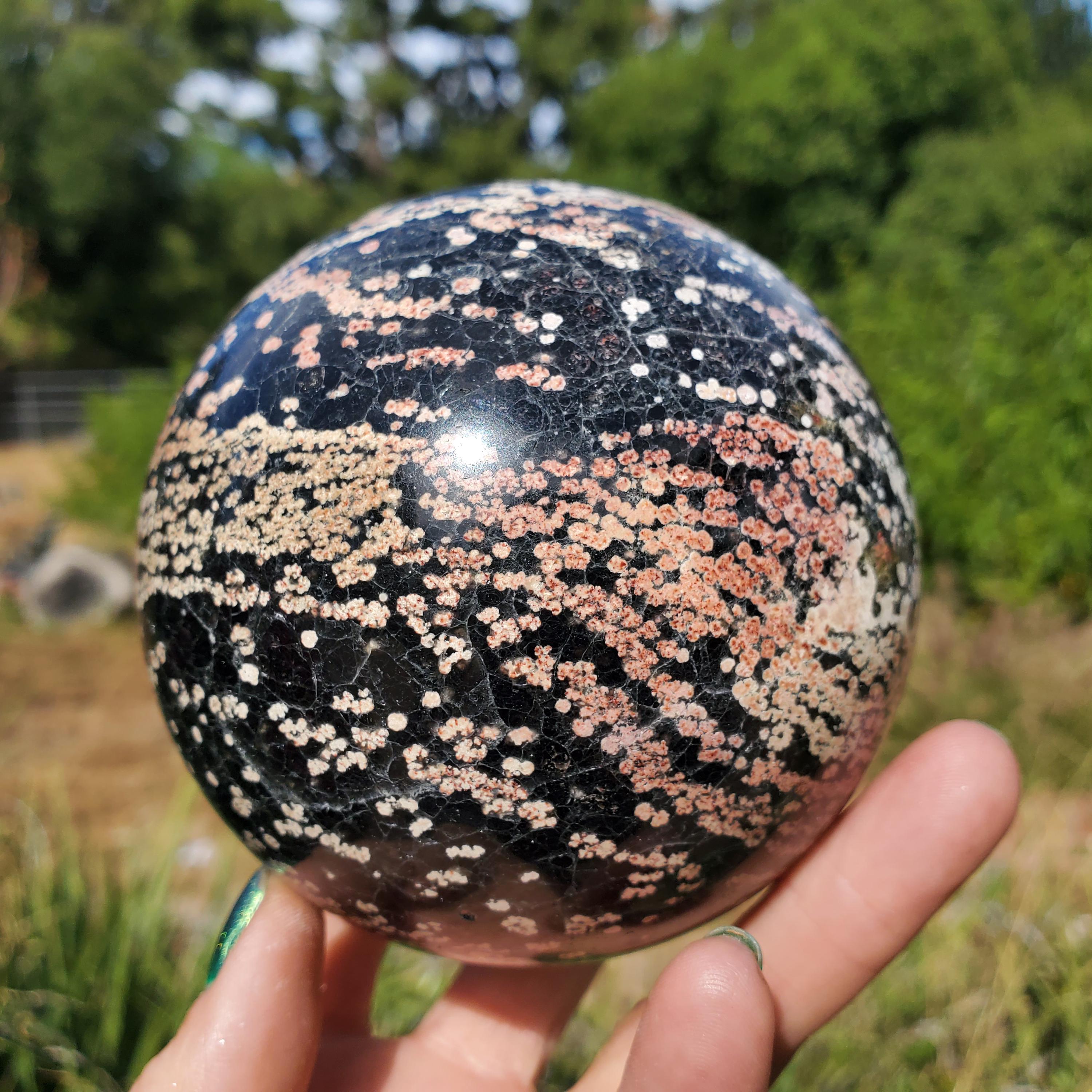Obsidian Pink Firework Snowflake Crystal Sphere | 948 Grams | 91mm