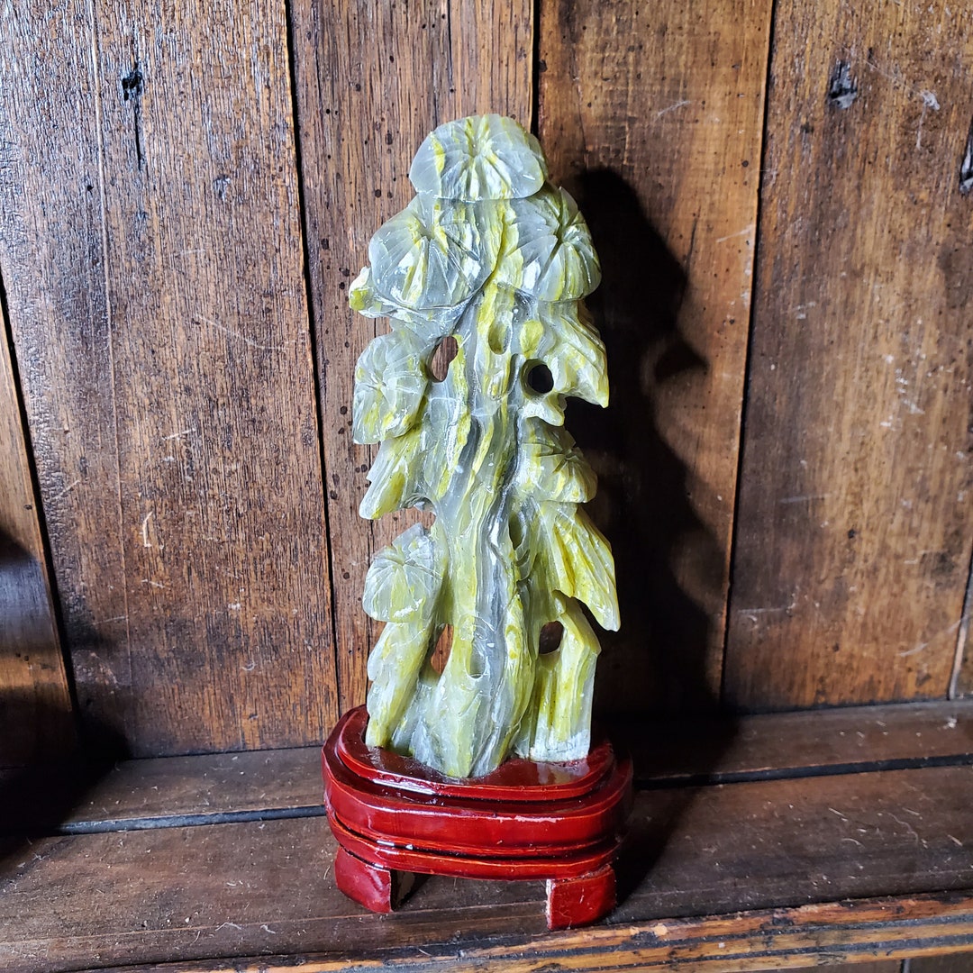 Serpentine Jade Tree Sculpture Carving Green Yellow Gray With Stand 642