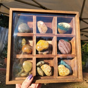 Op de afbeelding: Een houten displaybox met een glazen deksel, waarin een verzameling van negen gepolijste stenen in verschillende kleuren en patronen wordt getoond. De stenen zijn in een rasterpatroon in de doos gerangschikt.