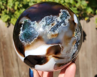 Black Moss Agate Druzy Druse Crystal Sphere | A Grade Quality | 968 grams | 2lbs 3oz  | 91mm