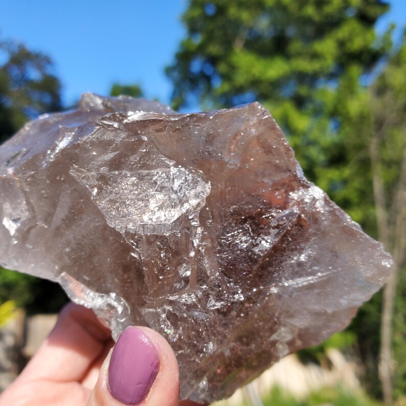 May include: A large, rough-cut smoky quartz crystal with translucent and opaque areas. The crystal has a natural, irregular shape and a range of brown and gray tones. The background shows a bright blue sky and green foliage.
