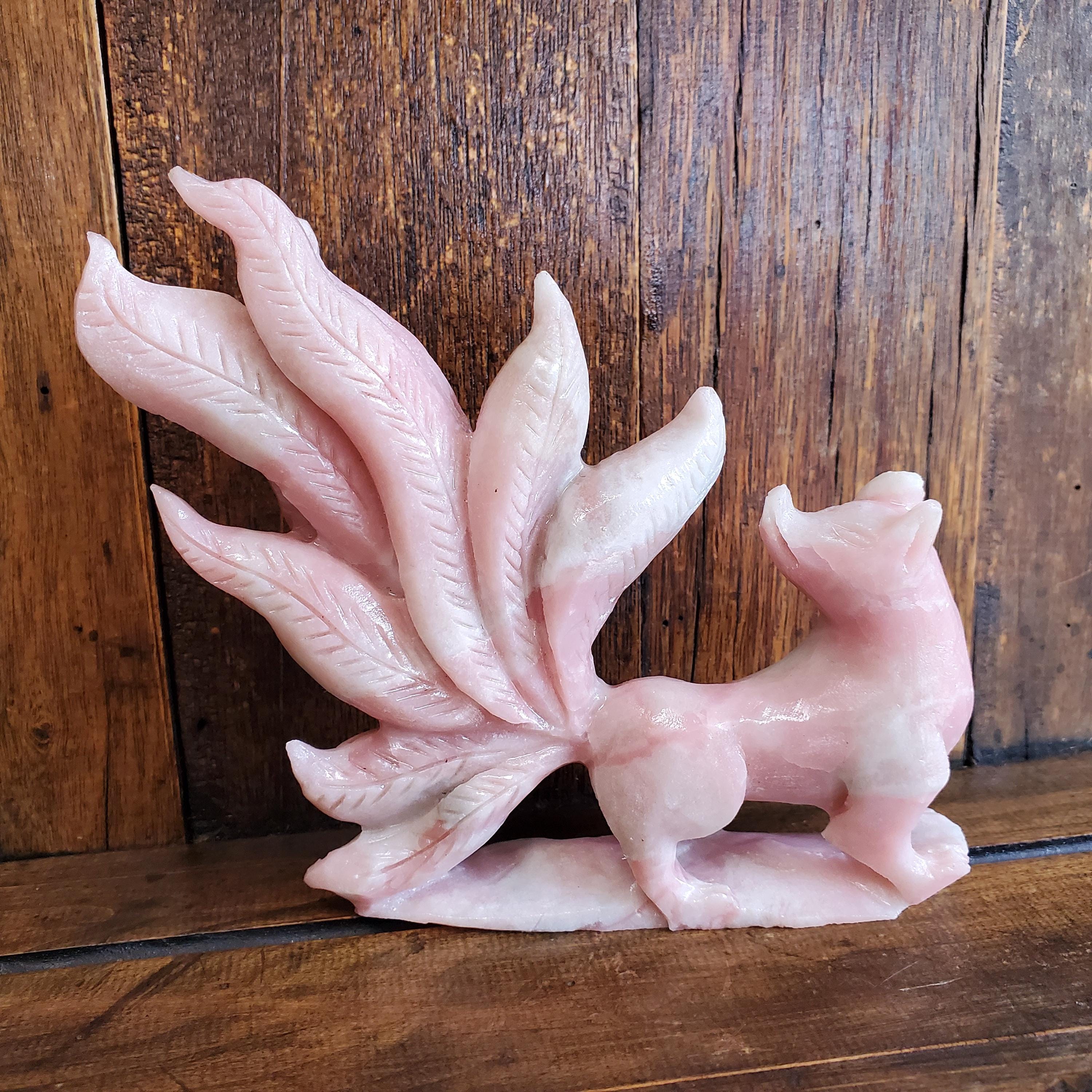 Nine Tail Fox Pink Opal Hand Carved Crystal Figurine 425 Grams