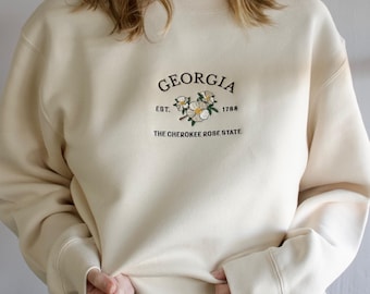 Embroidered Georgia Cherokee Rose Sweatshirt | Unisex State Flower Crewneck, Gift Idea for Nature Lovers, Minimalist Embroidered Crew