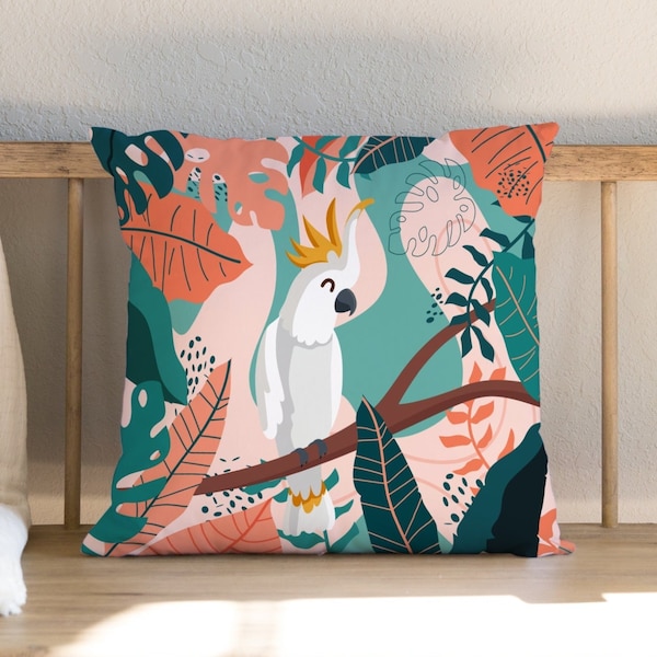 Cockatoo Pillow Cover | Cute Bird Throw Pillow Case, Tropical Parrot Pillow Cover, Decorative Pillow, Home Gift, 14x14, 16x16, 18x18, 20x20