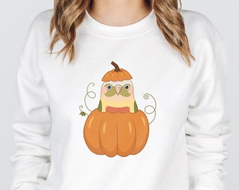 Spooky Green Cheek Conure Sweatshirt | Pumpkin Birb Halloween Sweatshirt, Halloween Parrot Shirt, Fall Bird Sweatshirt