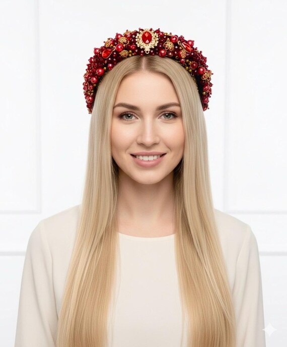 Red Crystal Headband. Dolce Red and Gold Headband. Red  display picture 1