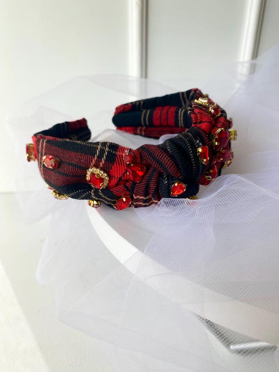 Red Plaid Headband. Festive Holiday Accessory. Holiday Red  display picture 1