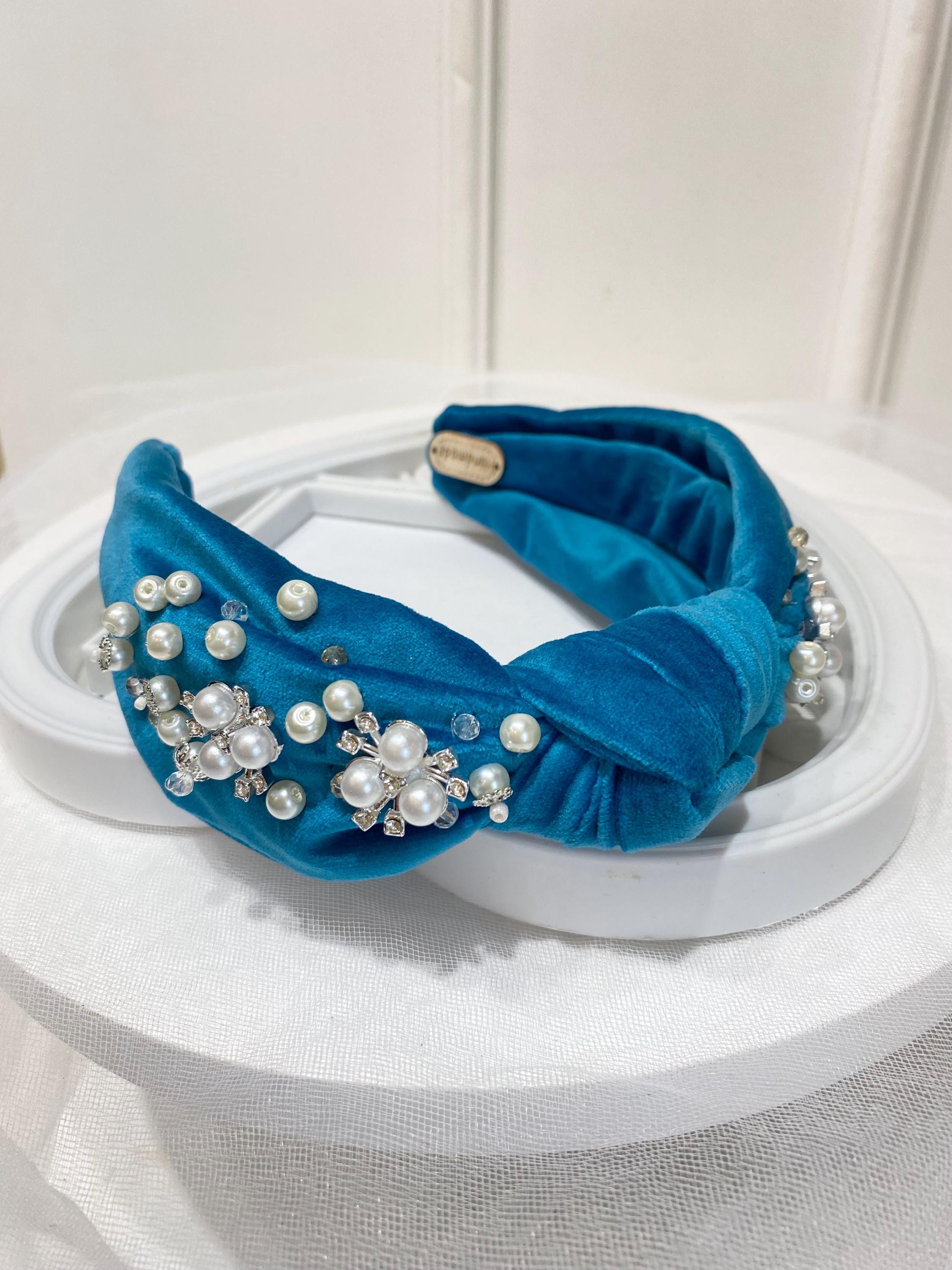 Muted Blue Pearl Beaded Knot Velvet Headband Handmade Bridal Wedding Bridesmaid blue-headband-velvet-headband-  main image 3