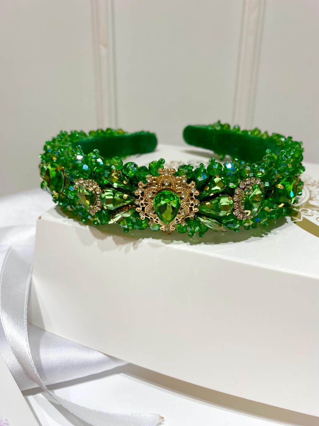 Emerald Crystal Tiara Headband: Czech Beads, Green Velvet  display picture 3