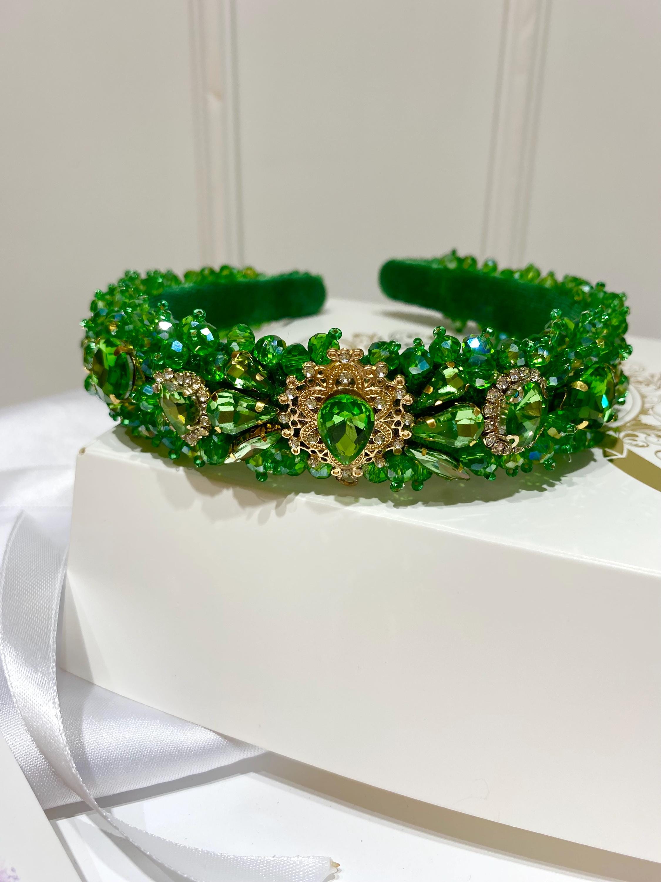 Rhinestone Embellished Headband Emerald New Crown Glass Crystal Beads Headband In Emerald Green | Brunna  main image 2