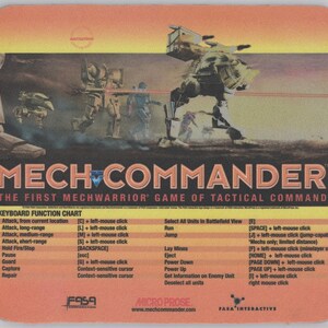 May include: A vintage-style mousepad featuring a colorful illustration of a futuristic robot, with the text "MechCommander: The First MechWarrior Game of Tactical Command". The mousepad also includes a keyboard function chart with commands for the game.
