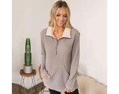 Casual Turn -Down Collar Zipper Knitted Ladies Tops Autumn Winter Pocket Half Zip Sherpa Lined Waffle Pullover