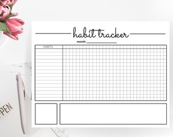 May include: A printable habit tracker with a grid for marking off daily habits. The tracker has a section for listing habits and a section for marking off days of the month. The text "habit tracker" is written at the top of the page.