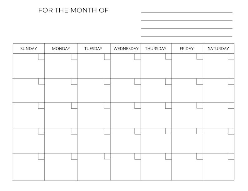 Blank Calendar Page Instant Download Printable & Digital Etsy