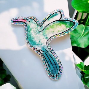 Pegatina de vinilo con diseño de colibrí con acuarela y purpurina