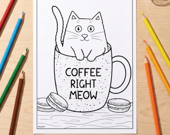 Cat Coloring Page Printable for Kids & Adults | Coffee Cat Mindful Colouring Sheet | Hand Drawn PDF Download