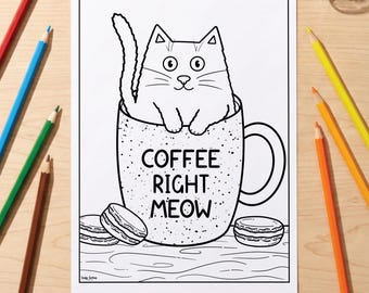 Cat in Coffee Cup Colouring Page | Mindful Colouring Sheet | Printable PDF