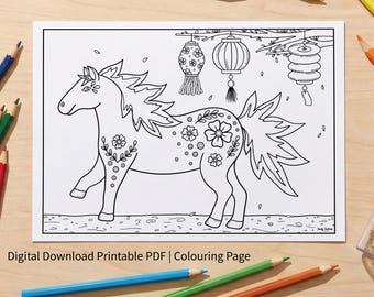 Fire Horse Lunar New Year Colouring Page | Mindful Colouring Sheet | Printable PDF