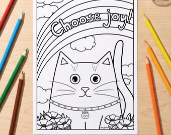 Choose Joy Cat Colouring Page | Mindful Colouring Sheet | Printable PDF