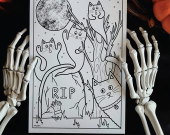 Ghostly Graveyard Halloween Cat Colouring Page | Mindful Colouring Sheet | Printable PDF