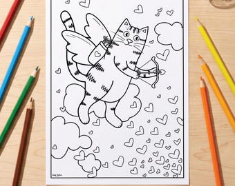 Cupid Kitty Cat Colouring Page | Valentine's Day Colouring Sheet | Printable PDF