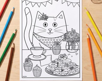 Morning Tea Time Cat Colouring Page | Mindful Colouring Sheet | Printable PDF