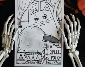 The Witch’s Cat Halloween Colouring Page | Mindful Colouring Sheet | Printable PDF
