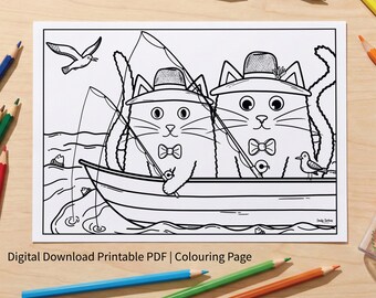 Gone Fishing Cat Colouring Page | Mindful Colouring Sheet | Printable PDF