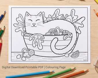 Cat in Salad Bowl Colouring Page | Mindful Colouring Sheet | Printable PDF