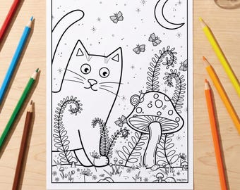 Cat in Enchanted Garden Colouring Page | Mindful Colouring Sheet | Printable PDF