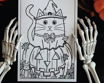 Witch's Cat in Halloween Jack O'Lantern Colouring Page | Mindful Colouring Sheet | Printable PDF