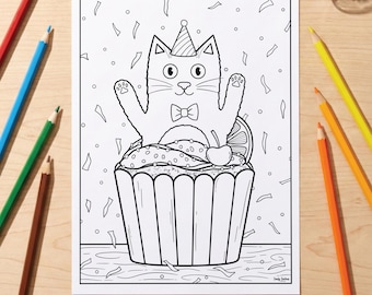 Cupcake Surprise Birthday Cat Colouring Page | Mindful Colouring Sheet | Printable PDF