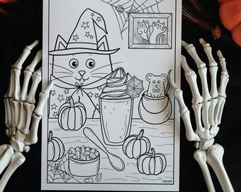 Haunted Cafe Halloween Cat Colouring Page | Mindful Colouring Sheet | Printable PDF